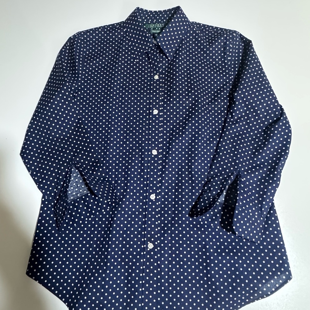 Lauren Ralph Lauren woman Navy Blue shirt white polka dots 100 % cotton